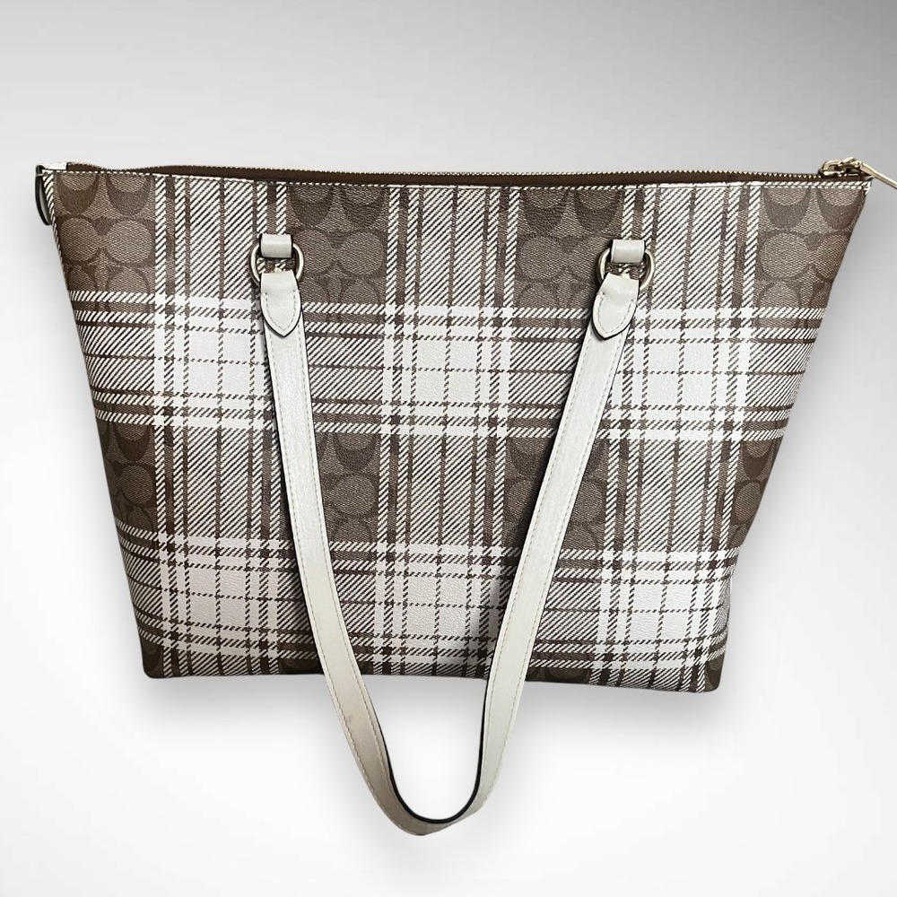 Coach Tan and Cream Checkered Tote Bag - Picture 3 of 13